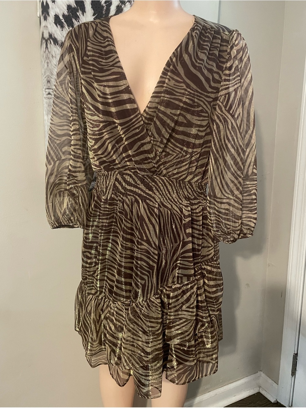 Maison Tara Brown Zebra Print Surplice smocked waist chiffon Dress shimmer 12